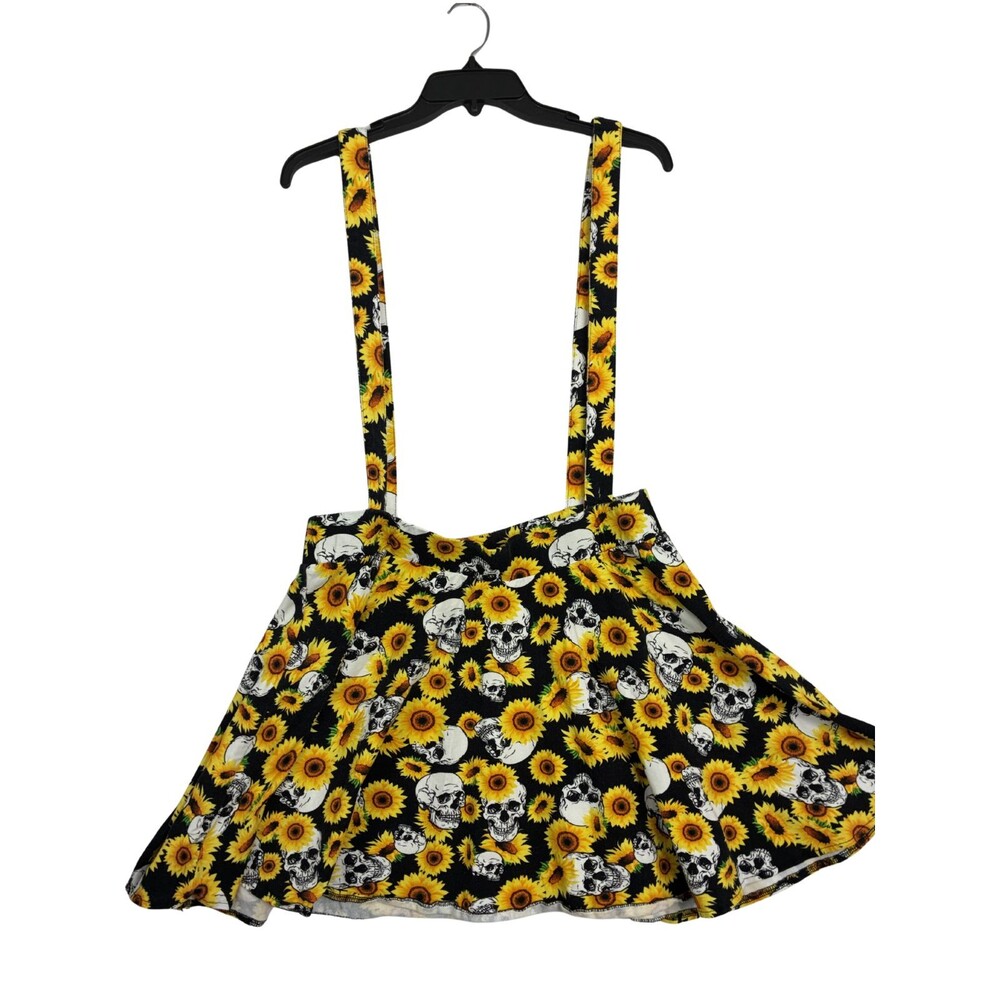 Sunflower Skull Suspender Skirt Womens Gothic Pinafore Skater Black Yellow